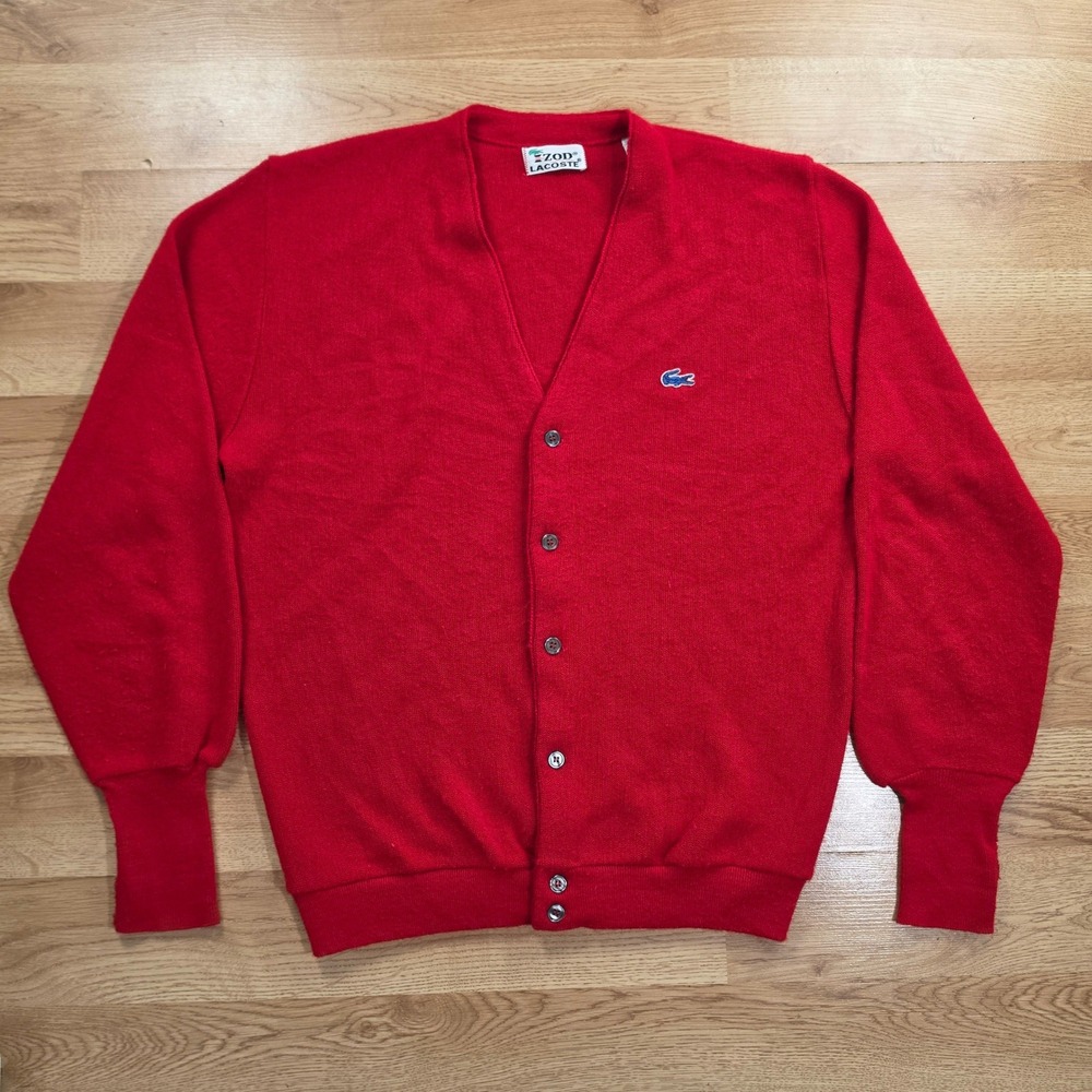 Izod Lacoste Cardigan Mens XL V-Neck Button Front Red Vintage 70s 80s Orlon